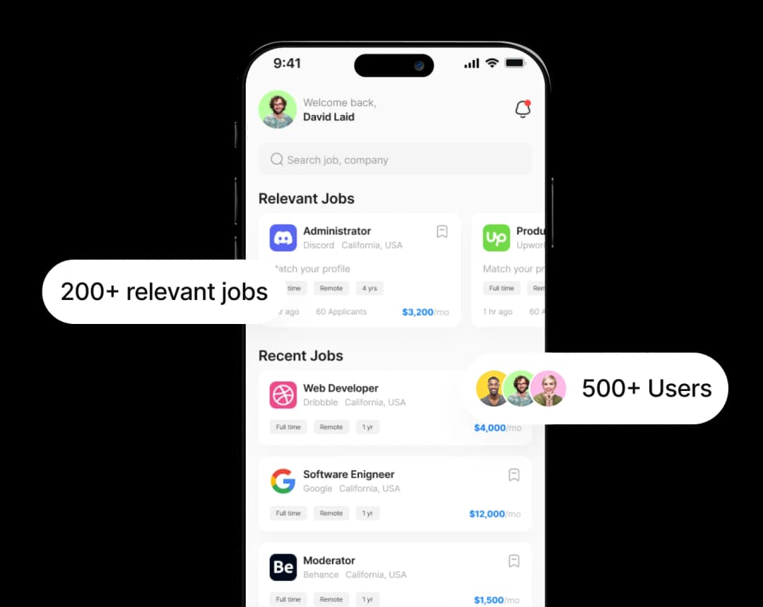 the mock screen shows the job portal on the application testing
